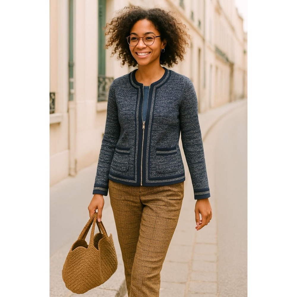 Talbots navy contrast trim knit cardigan blazer womens‎ 4P cotton preppy chic